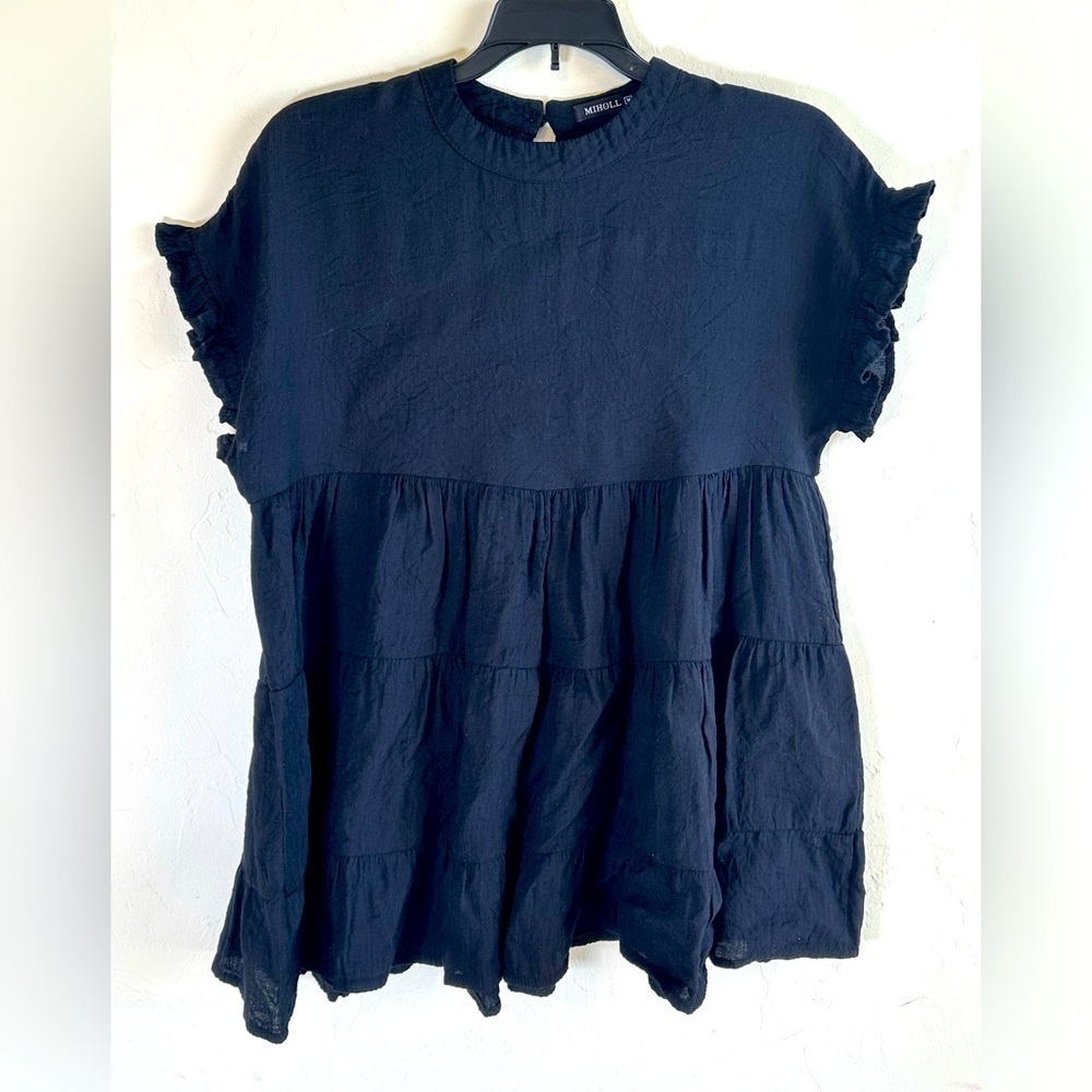 Miholl Black Ruffled Sleeve Tiered Baby Doll Blouse Sz M